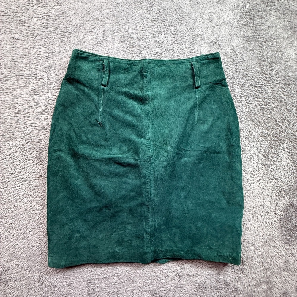 Vintage Express Emerald Green Suede Leather Mini Pencil Skirt Womens 26" S
